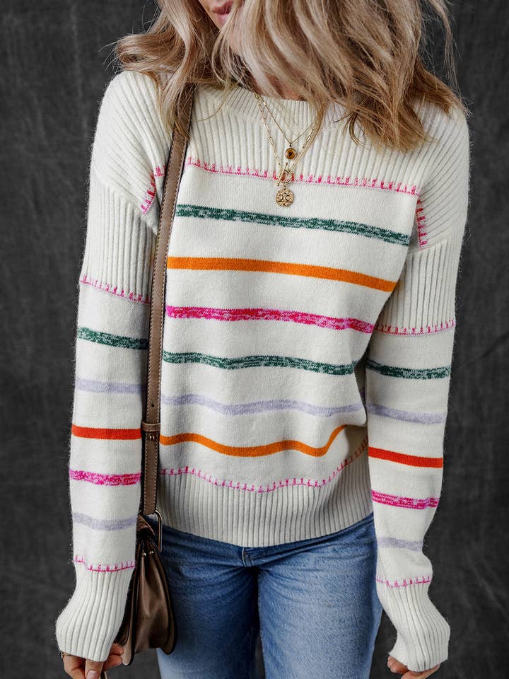 White Colorful Striped Ribbed Trim Sweater for wholesale by Lovesoft