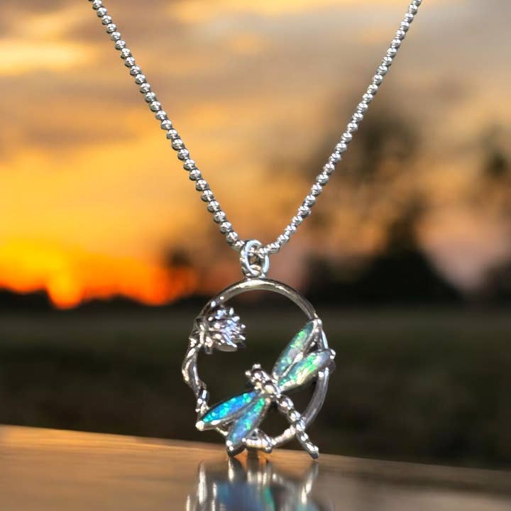 Jackie Gallagher Designs - Handmade Coastal Jewelry - Wholesale Pendant/Charm Necklace - Sterling silver Dragonfly Necklace with lab opal