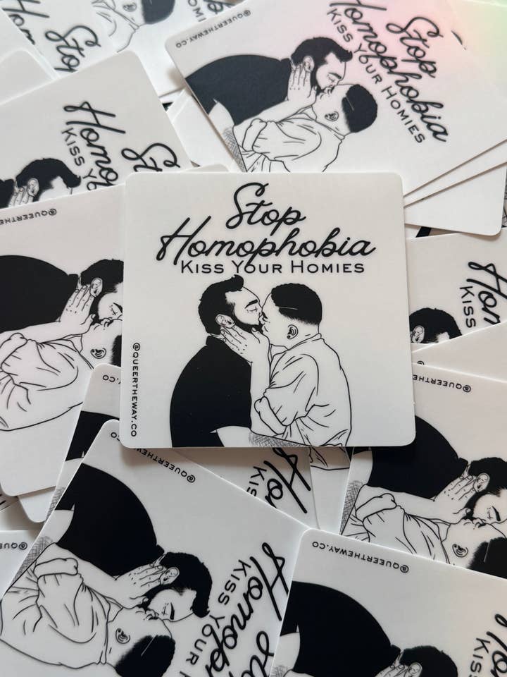 Stop Homophobia Kiss Your Homies Sticker for wholesale by Queer The Way