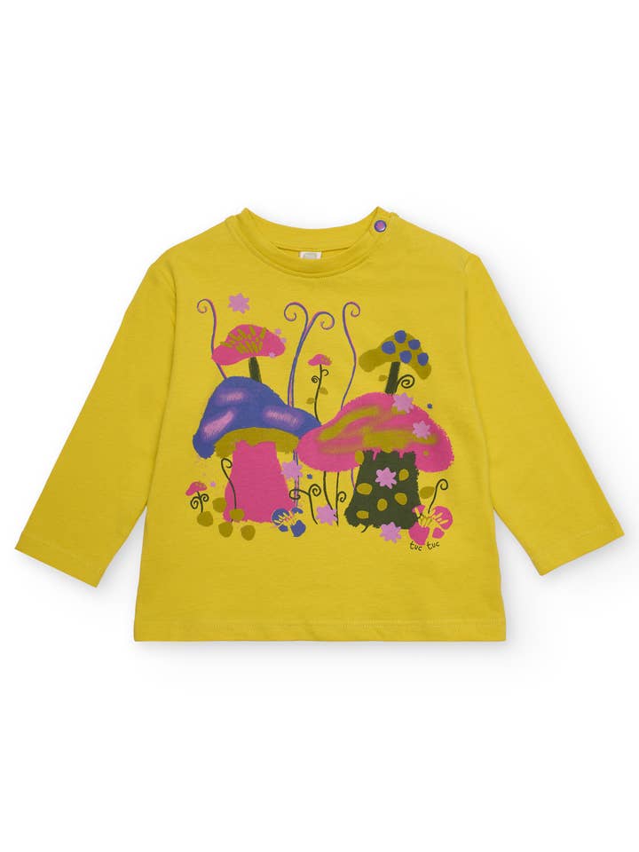 T-shirt pour fille en jaune avec imprimé de champignons pour la vente par tuc tuc