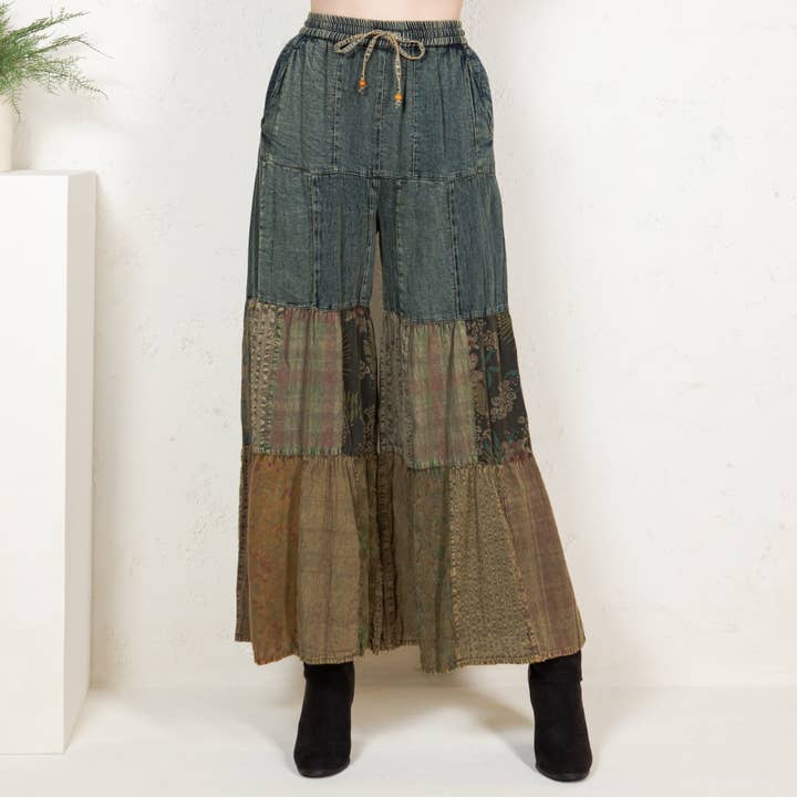 Young Threads - Wholesale Pants - Women's - Western Boho Chic: Tiered Patch Inserted Denim Pants