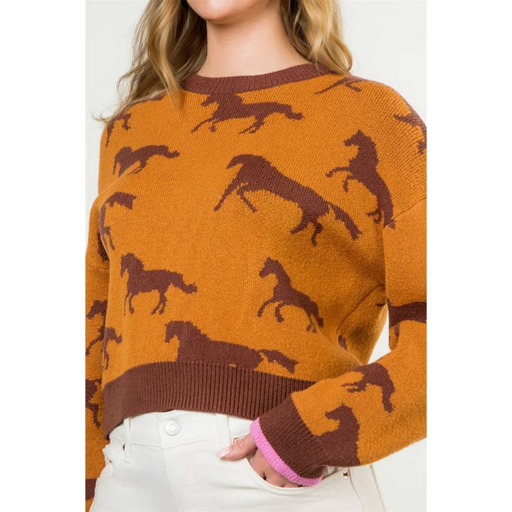 MUSTARD Horse Print Crewneck Knit Sweater for wholesale on Faire3