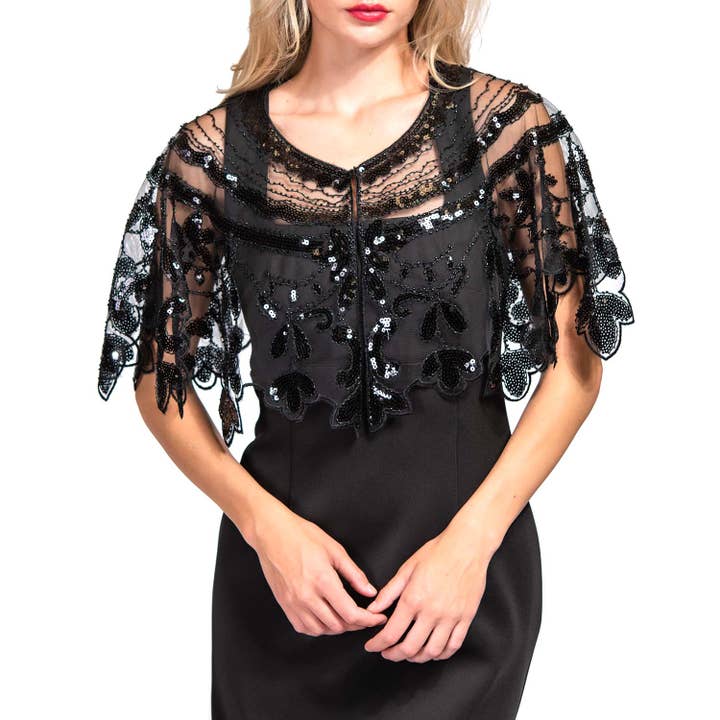 SP Sophia Collection - Wholesale Wrap - Women's - 1920s Inspired Sequin Embroidered Floral Shawl