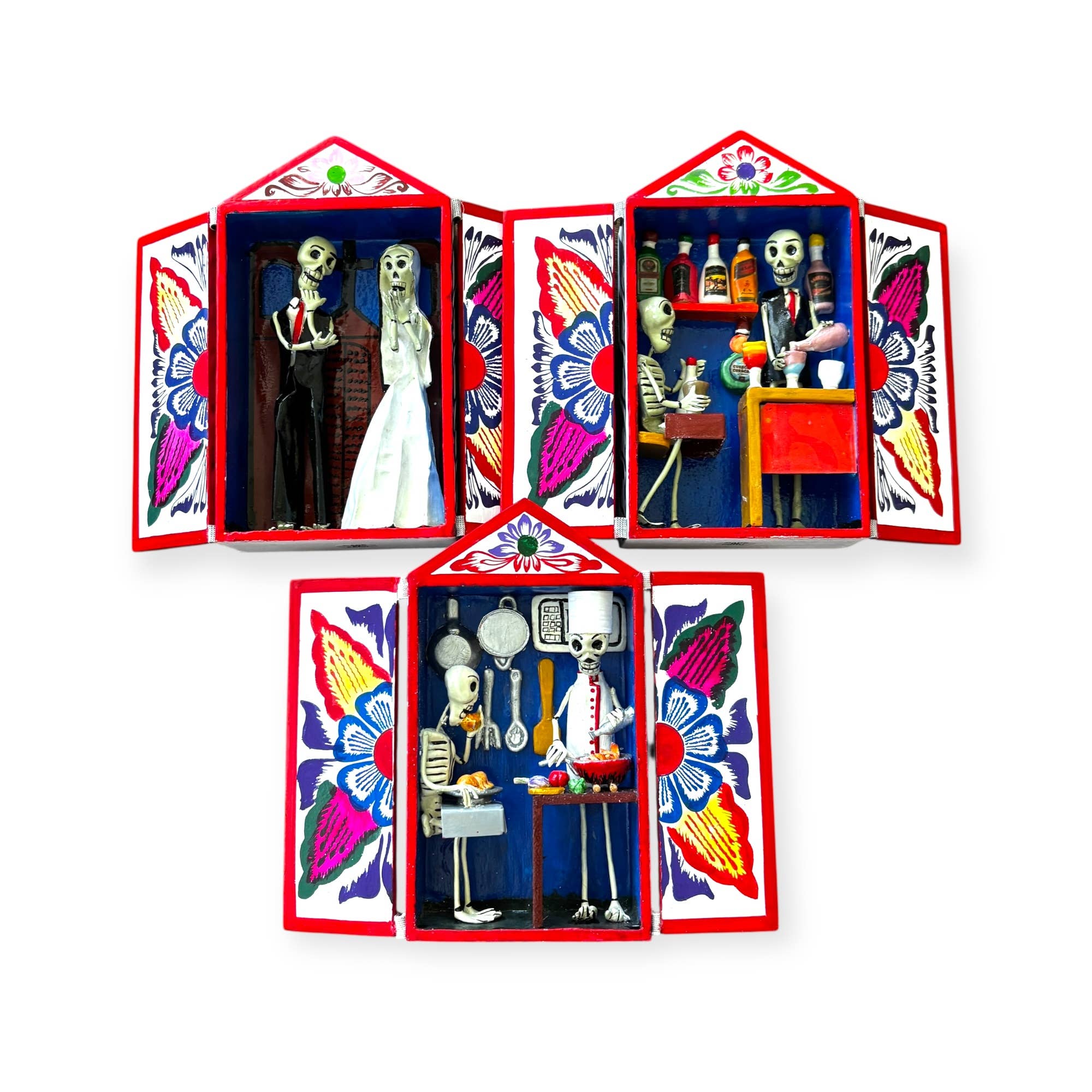 Zoe Artcrafts Corp. - Vendita all'ingrosso Statuette decorative - Retablos messicani artigianali per il Giorno dei Morti, Altare con scheletri1