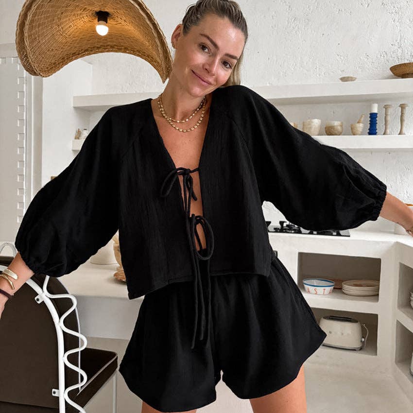 Marayn – wholesale Top & short set (NOT loungewear) – Women’s – French Autumn Chic Bubble Sleeve Top  Shorts Set3