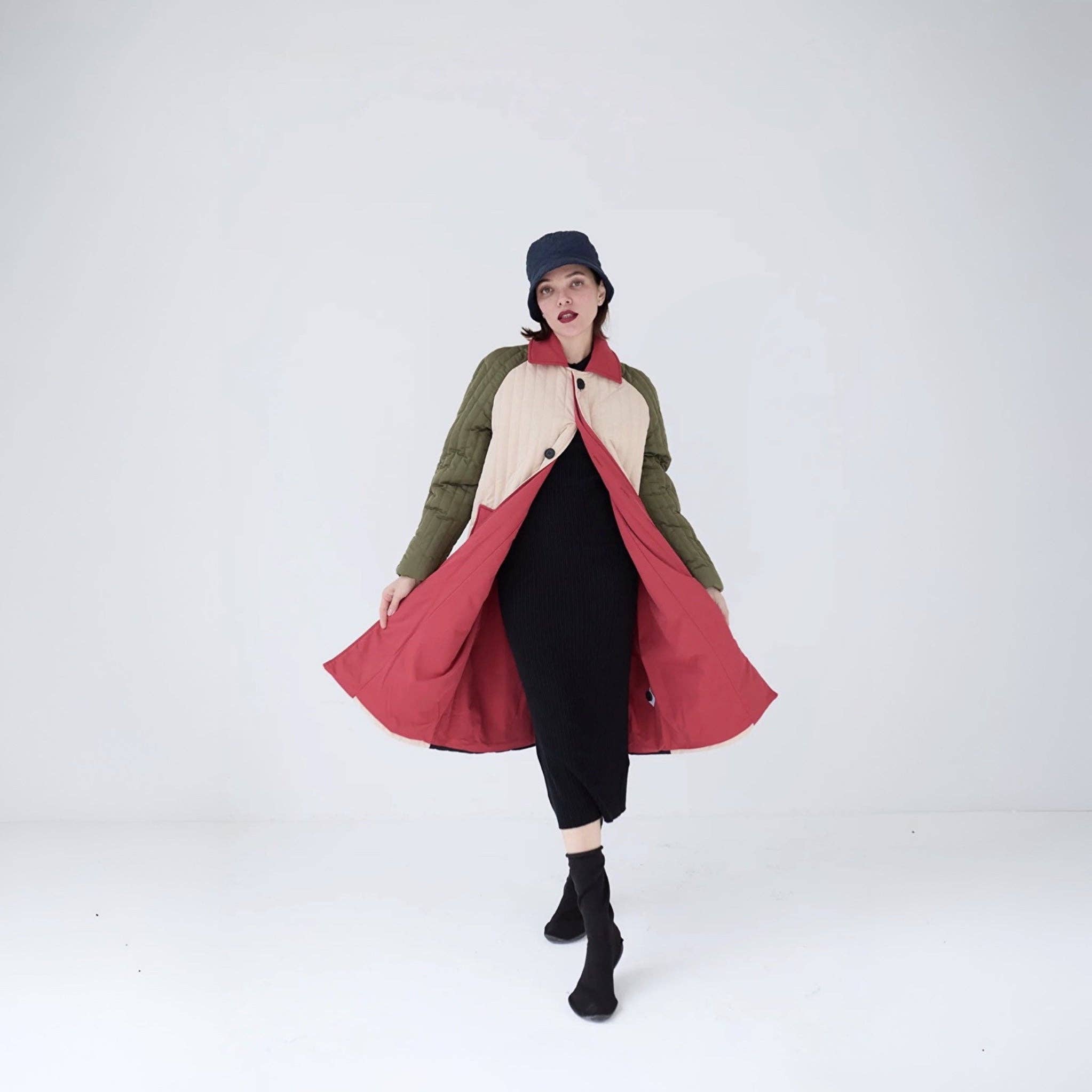 London Atelier Byproduct – wholesale Jacket – Women's – Beige Khaki Patchwork Color Block Quilt Long Jacket3