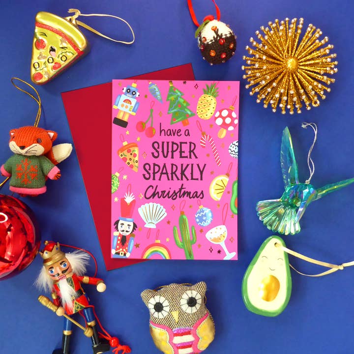 Jessie Maeve Studio - Vente Cartes de Noël - Carte d'Ornements de Sapin de Noël en Feuille d'Or - Super Scintillante1