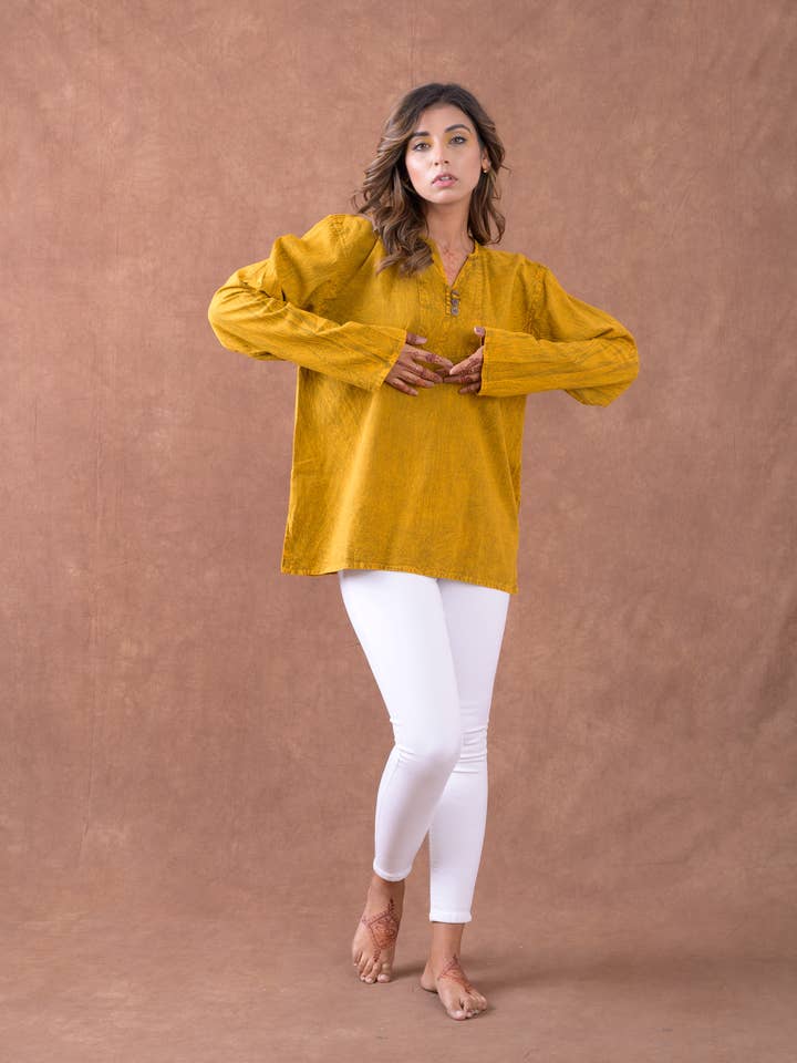 Rhea Button V-Neck Shirt, Cotton Acid Wash Long Sleeve for wholesale by Rhea