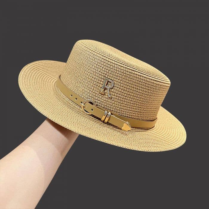 Gold R Accent & Buckle Detail Straw Hat in Brown WA196 for wholesale by PEACH ACCESSORIES