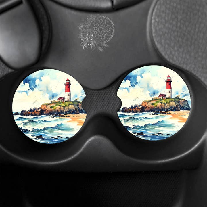 Posavasos para coches Watercolor Lighthouse Shore Beach para venta al por mayor de Dark Horse Dream Designs LLC