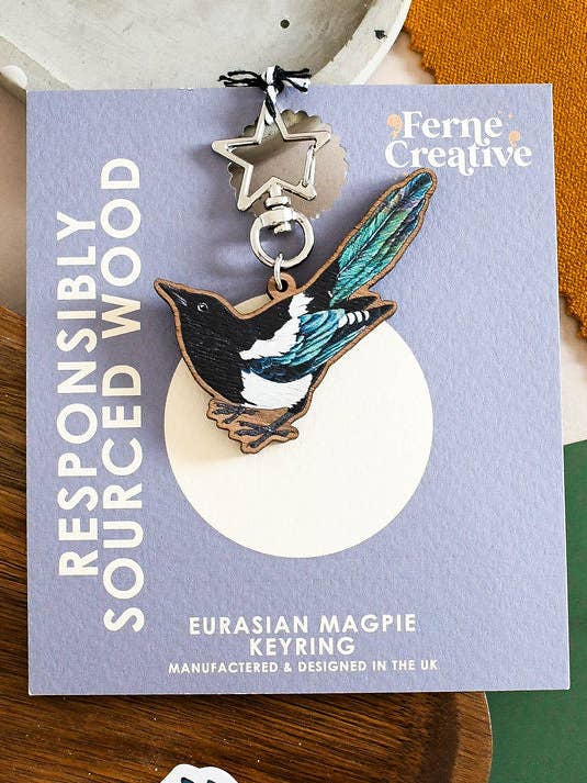 Magpie Wooden Keyring for wholesale by Ferne Creative
