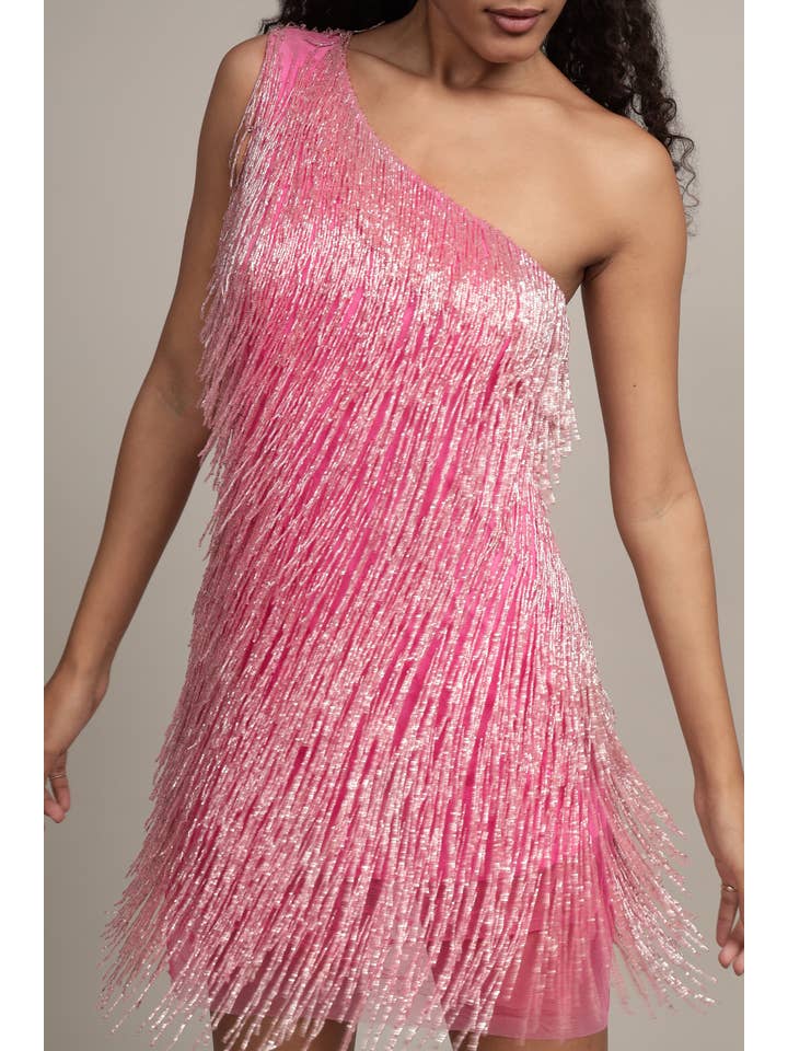 Athena Embellished Pink Fringe Mini Dress for wholesale on Faire
