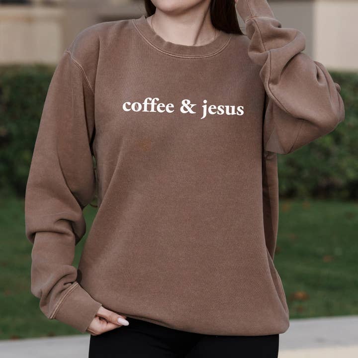 Coffee and Jesus Minimalist Christian Text Graphic – Pigment Crewneck Sweatshirt for wholesale by OSME