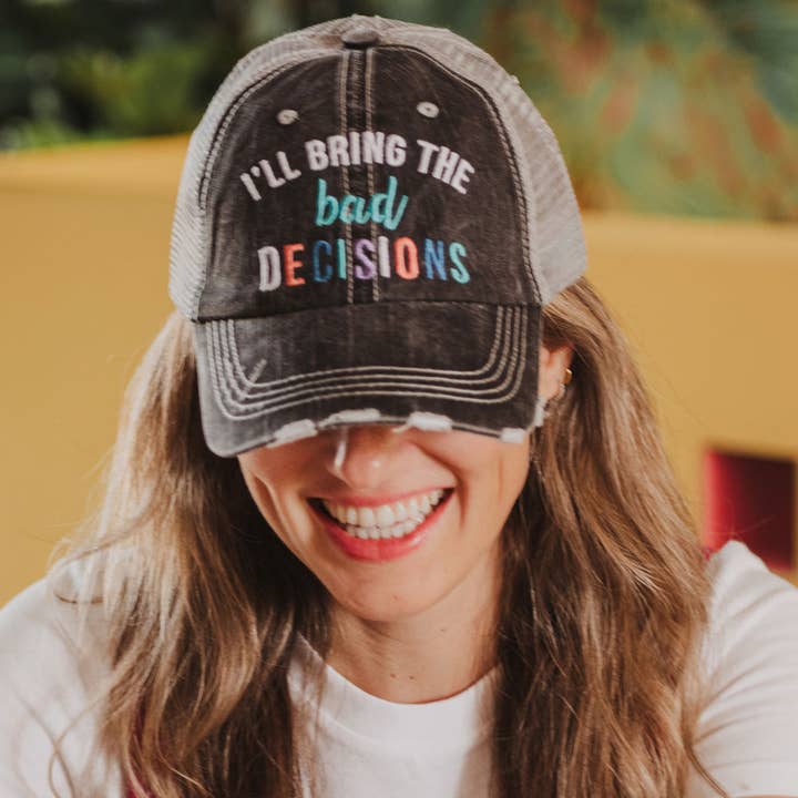 Gray "I'll Bring The Bad Decisions" Women's Trucker Hat for wholesale on Faire