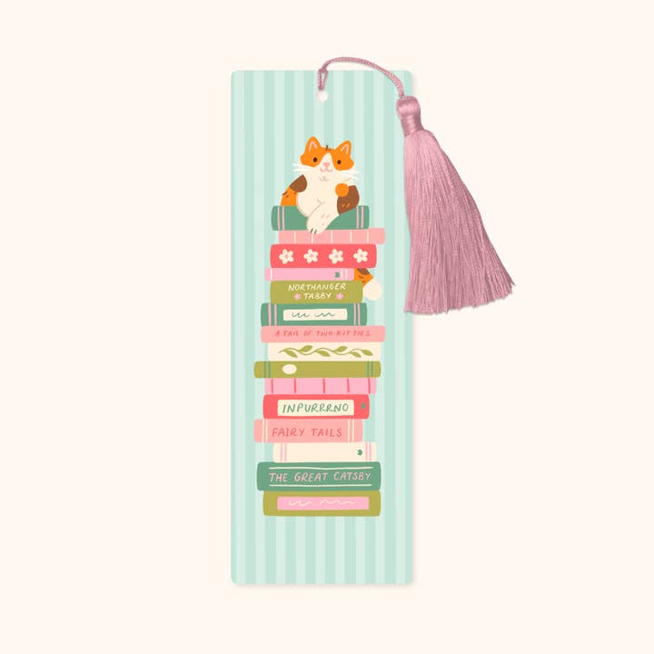 Cat Book Stack Bookmark with Tassel for wholesale by Hopscotch Paper Co.