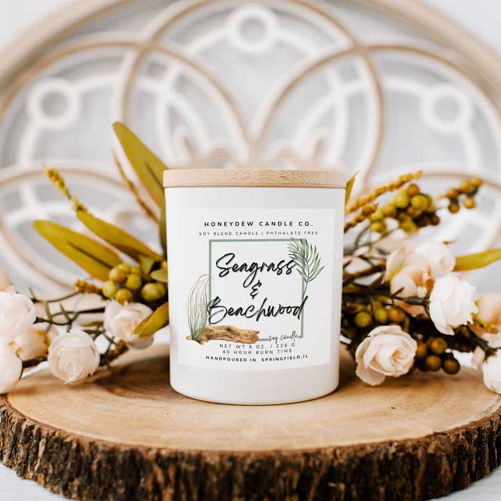 Seagrass & Beachwood 8 oz Candle for wholesale by Honeydew Candle Co.