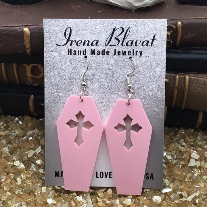Coffin Pink Pastel Goth Earrings for wholesale by Irena Blavat Designs