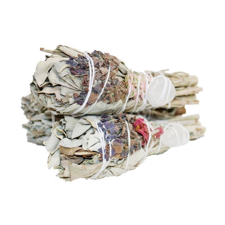 White Sage Torch w/ Lavender, Wildflowers & Quartz (4") for wholesale by Designs by Deekay Inc.