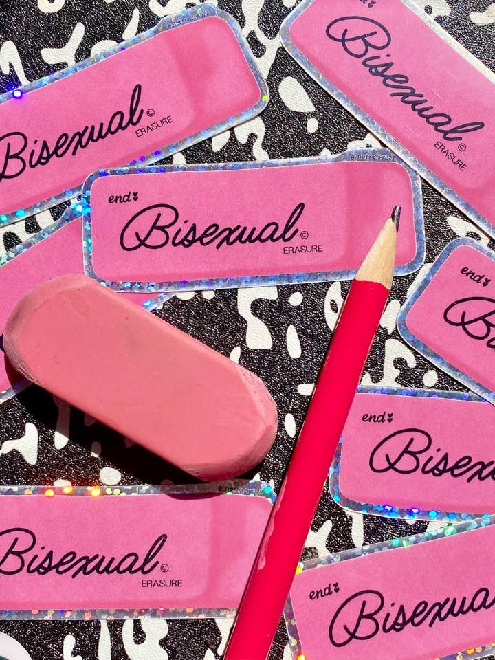 End Bisexual Erasure Glitter Sticker for wholesale by The Peach Fuzz