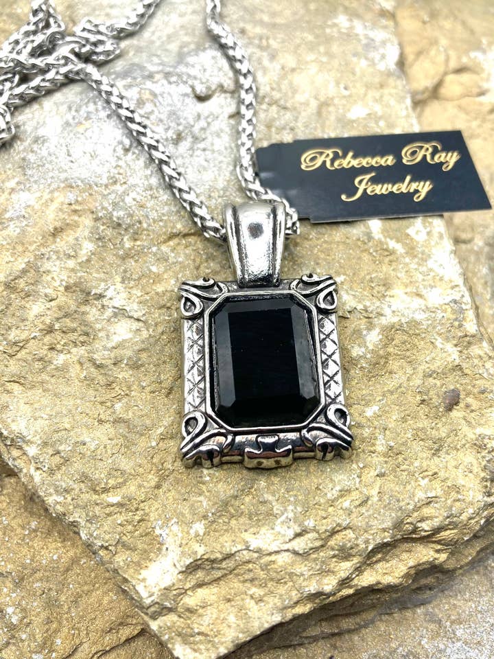 Vintage Silver and Black Statement Boho Charm Necklace for wholesale by Rebecca Ray Jewelry