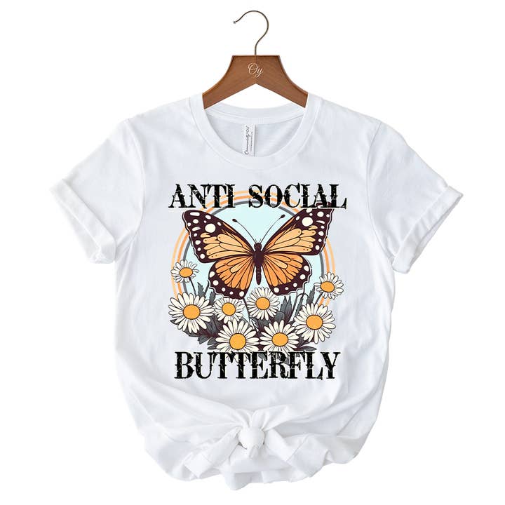 OrnamentallyYou - Wholesale Screen Printed T-Shirt - Unisex - Anti Social Butterfly T-Shirt, Retro White and Natural Tee