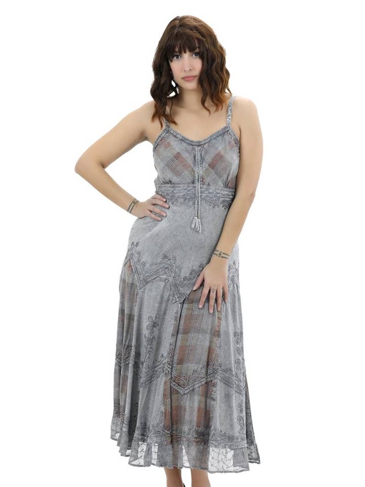 Plaid Panels Acid Wash Dress 152104 for wholesale by Advance Apparels