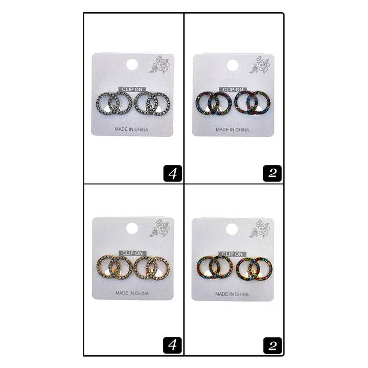 Sensibling Corp. - Wholesale Clip-On Earrings - 12Pairs - Stone Paved Double Circle Clip On Earrings