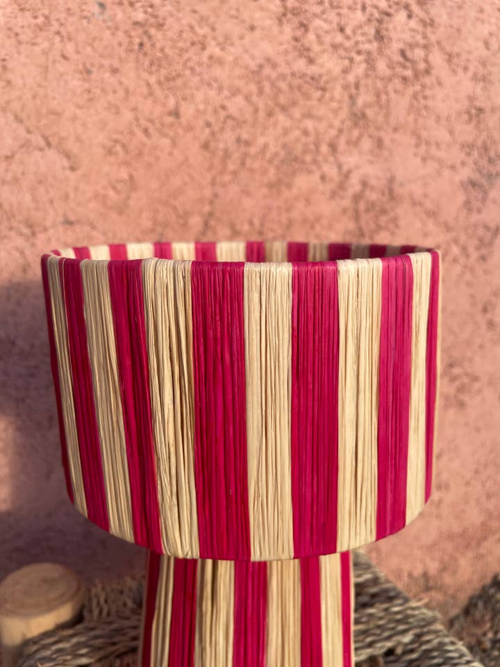 Handmade Raffia Table Lamp Shade in Beige and Pin Boho Lamp for wholesale by bazarifinagh