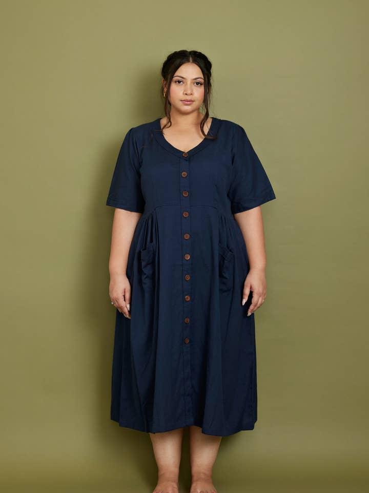 Cotton Flax Dress in Navy for wholesale by Pana Mina