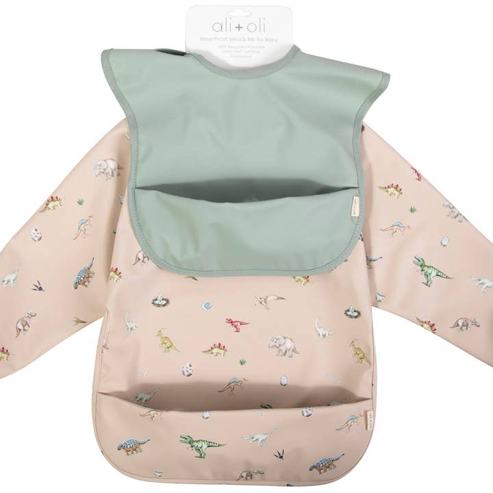 Ali+Oli - Wholesale Baby Bib - Baby - Smock Bib (2-pc) Long & Short Sleeve Set (Dino-Mint)3