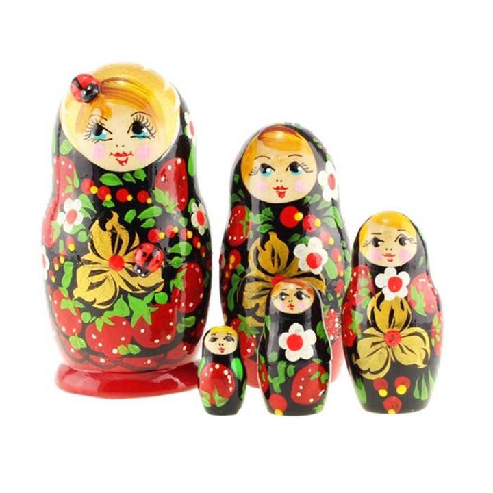 SMALL Red Nesting Dolls Set with Ladybug, 5 Pcs/4.2" for wholesale by GSZ corporation DBA Gabriella's Gifts