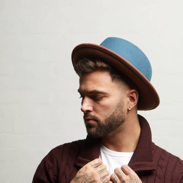 GANGSTAR Felt Shapeable Two-Tone Fedora Hat - Teal / Brown for wholesale by Dasmarca Hats