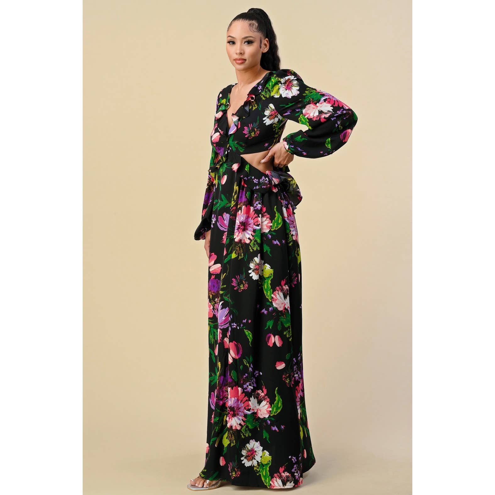 The Sang - Vente Robe – femme - SD3100520-2 - ROBE LONGUE À COL EN V PROFOND À IMPRIMÉ FLORAL2