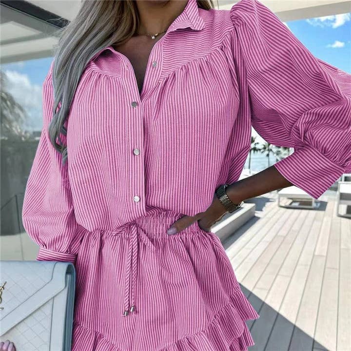 Sheer Trend - Wholesale Top & Skirt Set - Women's - Fashionable Striped 7/8 Sleeve Shirt And Skirt Set