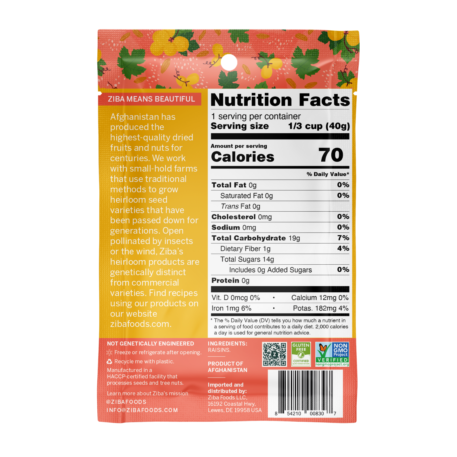 Ziba Foods – Engroshandel Tørret/dehydreret frugt – Kishmish rosiner single-serve snack, vegansk 1 oz2