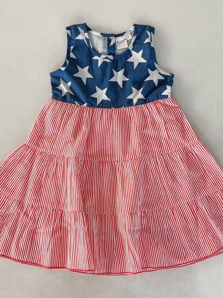Yo Baby - Wholesale Dress - Kids - Stars & Red Striped Printed Tiered Gathered Dress6