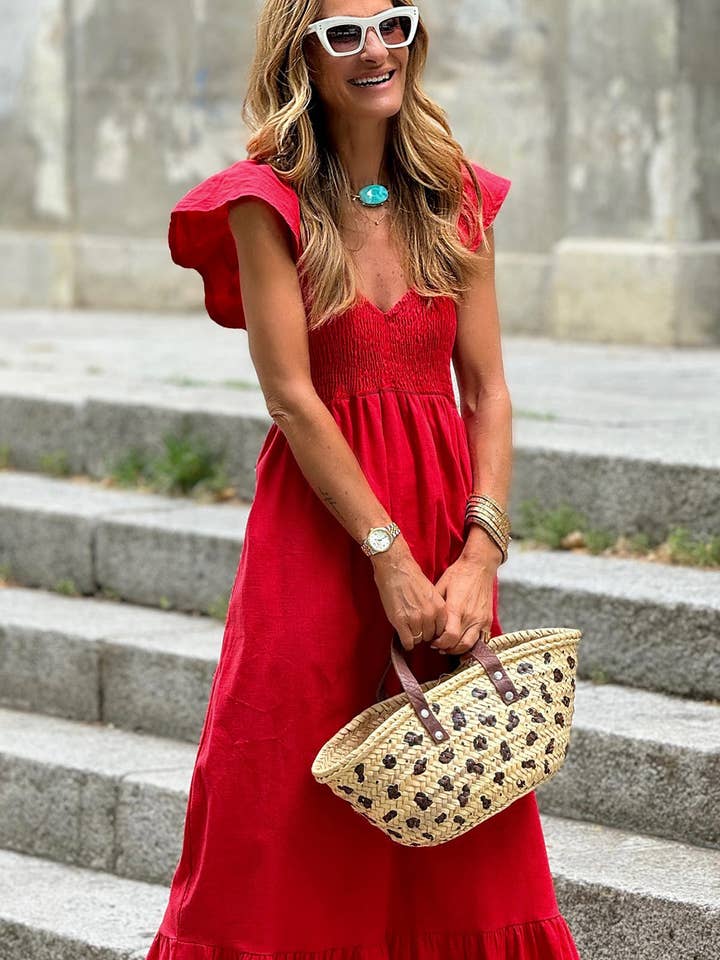 Lovesoft - Wholesale Dress - Women's - Fiery Red V Neck Flutter Sleeve Smocked Bodice High Waist Ruffle Maxi Dress1