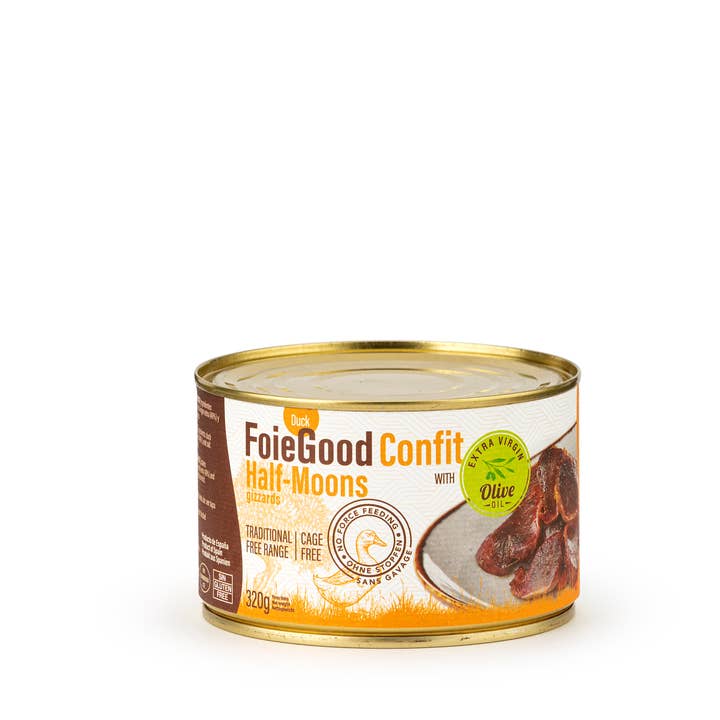 FoieGood - The Foie Gras Alternative - Vendita all'ingrosso Pasti pronti a lunga conservazione - MEZZELUNE CONFIT 320 g - Ventricini di Anatra