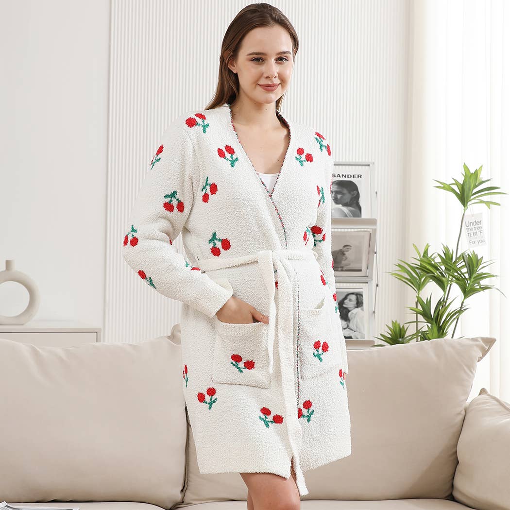 Cute Cherry Print Cozy Robe with Pocket & Belt for wholesale on Faire3