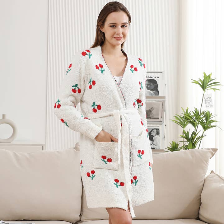 Cute Cherry Print Cozy Robe with Pocket & Belt for wholesale on Faire3