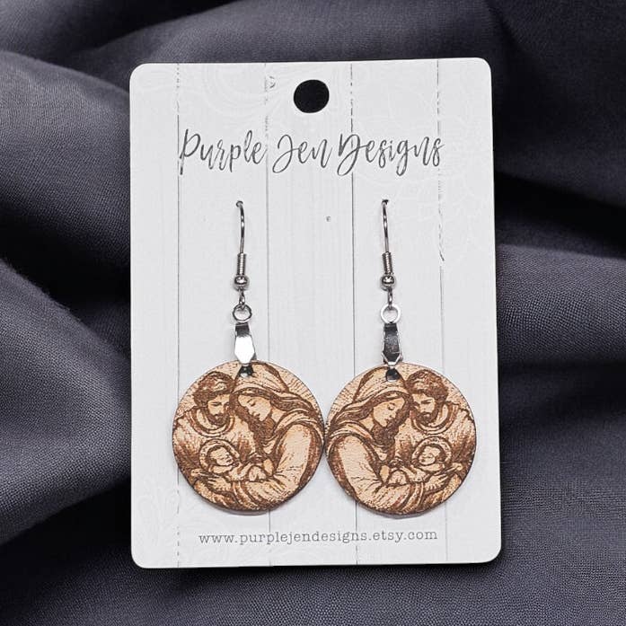 Engraved wooden holy family Earrings - Rustic style for wholesale by Jennifer Hughey