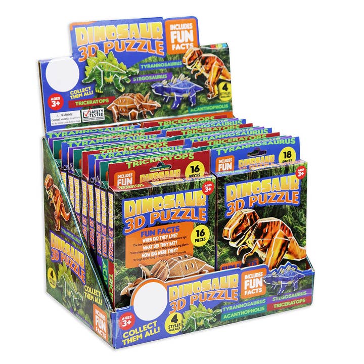 Novelty Brands - Wholesale Puzzle - Kids - 3D Dinosaur Puzzle - 24 Pieces Per Retail Ready Display 22042