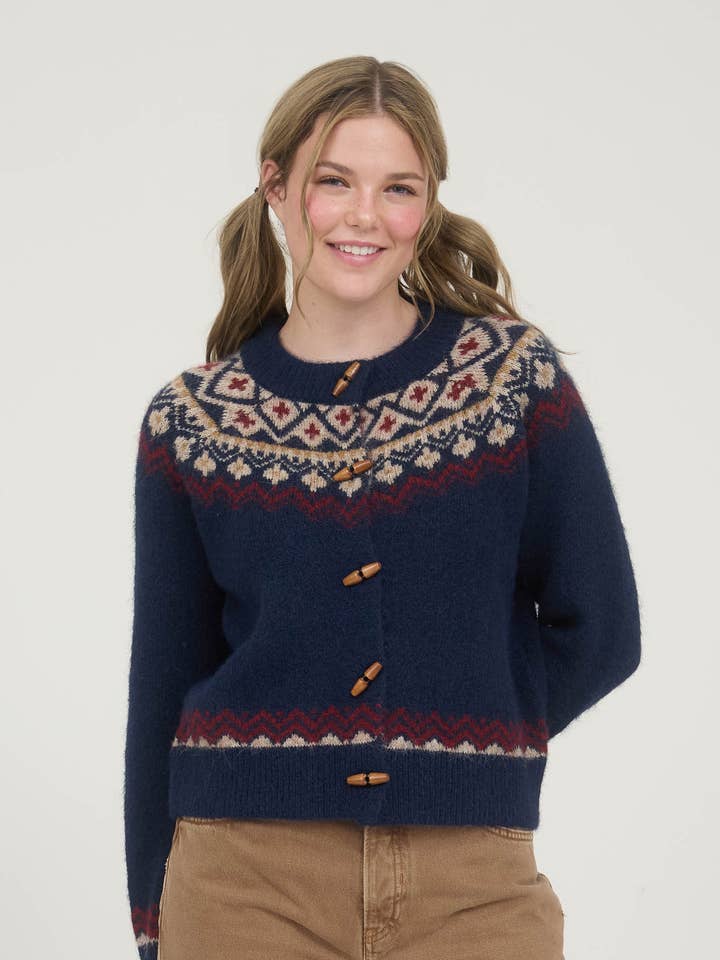 FAIRE ISLE TOGGLE BUTTON KNIT CARDIGAN SWEATER for wholesale by Blu Pepper
