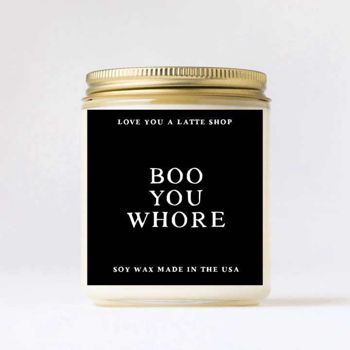 Vela en tarro de cristal Halloween Boo you Whore, 2 tamaños para venta al por mayor de Love You a Latte Shop