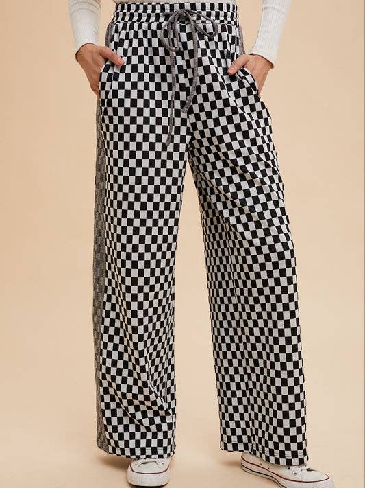 Black Annie Wear Drawstring Checkered Wide Leg Pants for wholesale on Faire