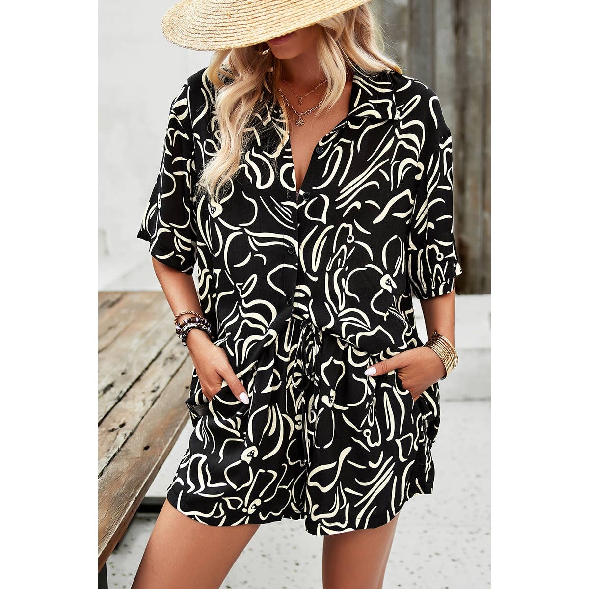 Supreme Fashion – wholesale Lounge set – Women's – Allover Print Elastic Shorts Two Pieces Button Set3