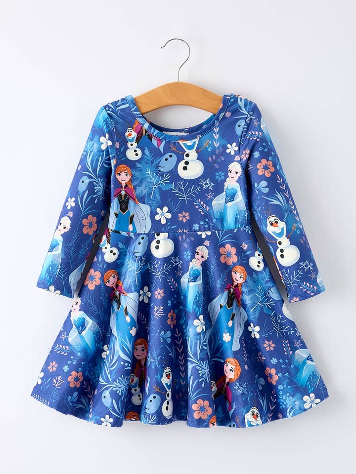 Blue Christmas Character Print Long Sleeve Girls Dress for wholesale by Rylee Faith Designs