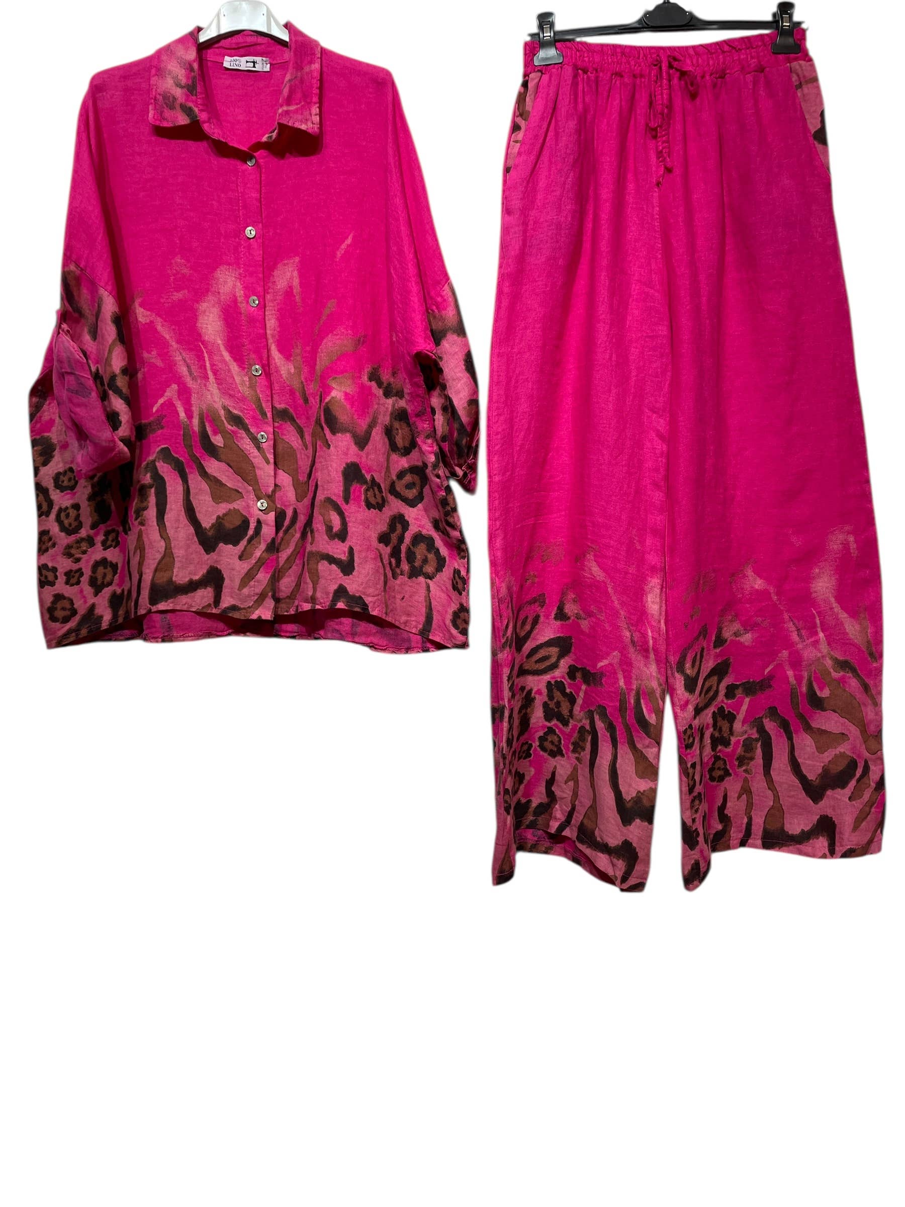 LINEN & COTTON HOUSE – Engroshandel Overdelssæt – til kvinder – Leopardmønstret hørskjorte og bukser sæt 09002 4840317
