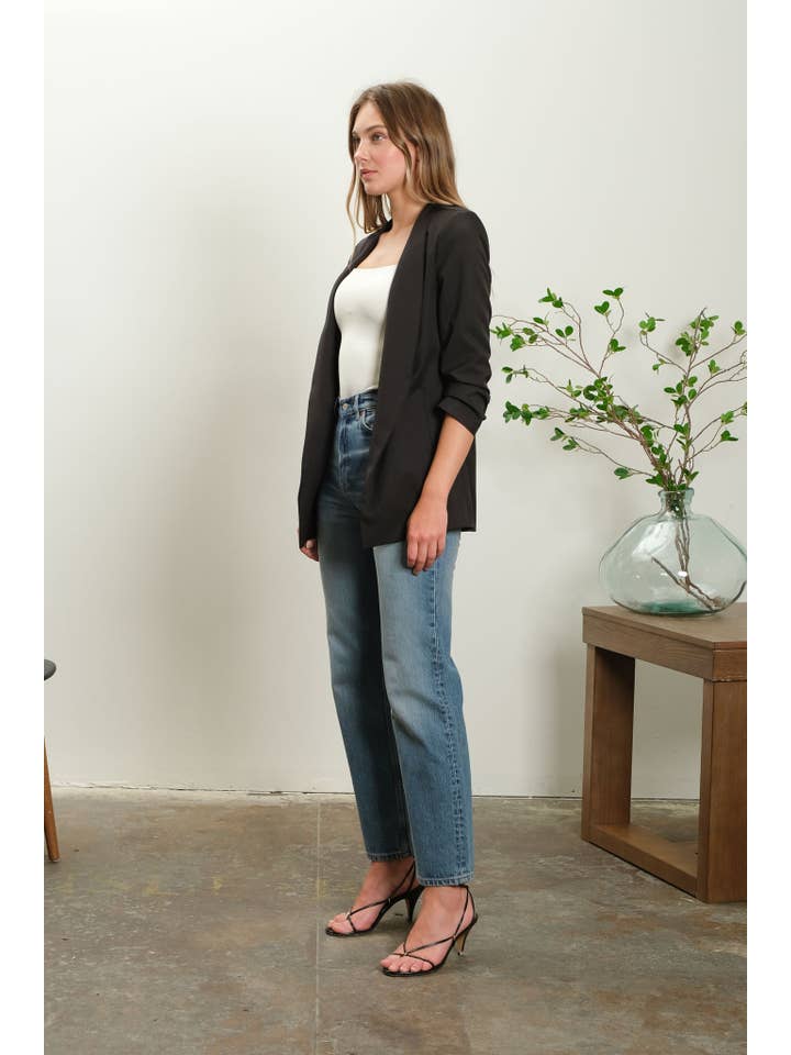 The Workshop Studio - Wholesale Blazer - Women's - COLLARLESS 3/4 RUCHED SLEEVE LONGLINE BLAZER2