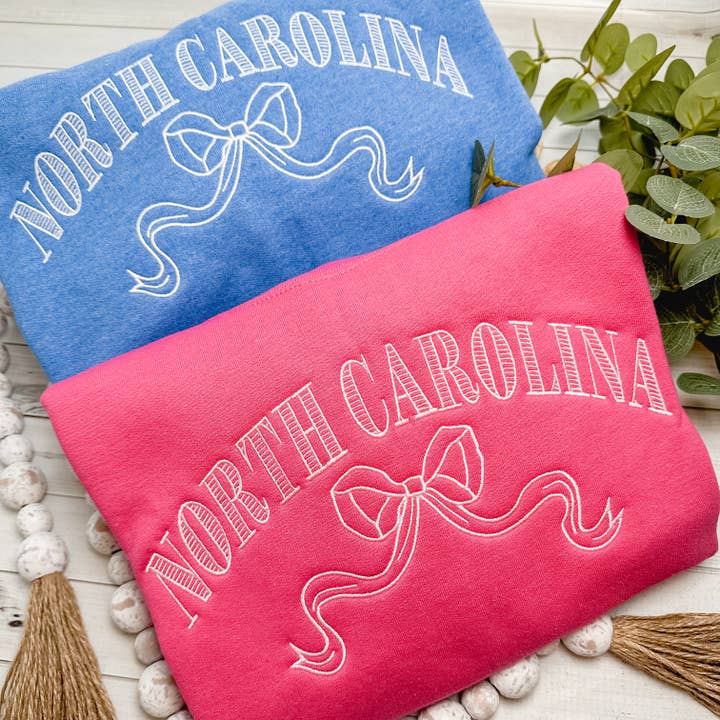Striped North Carolina Embroidered Sweatshirt – Coquette Bow – Custom Colors for wholesale by Stitching by Sally